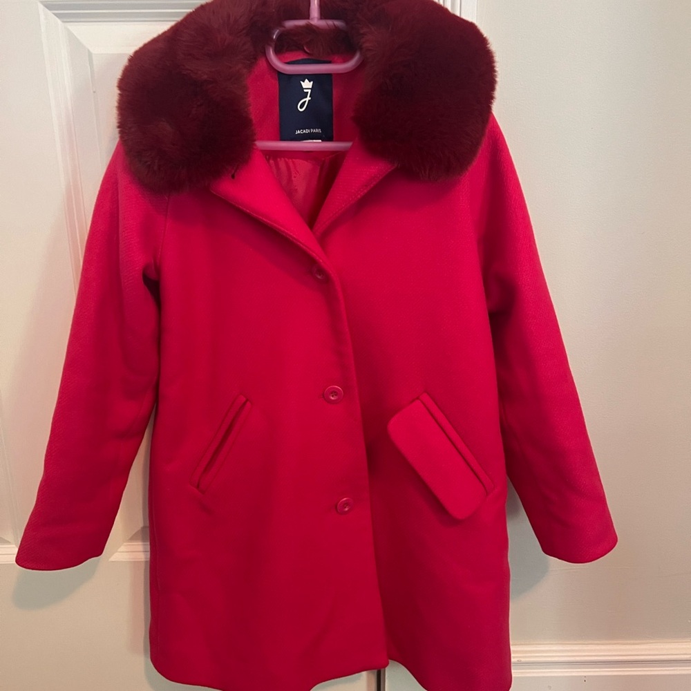 Girls fuschia pink wool coat in wool w/ faux fur collar